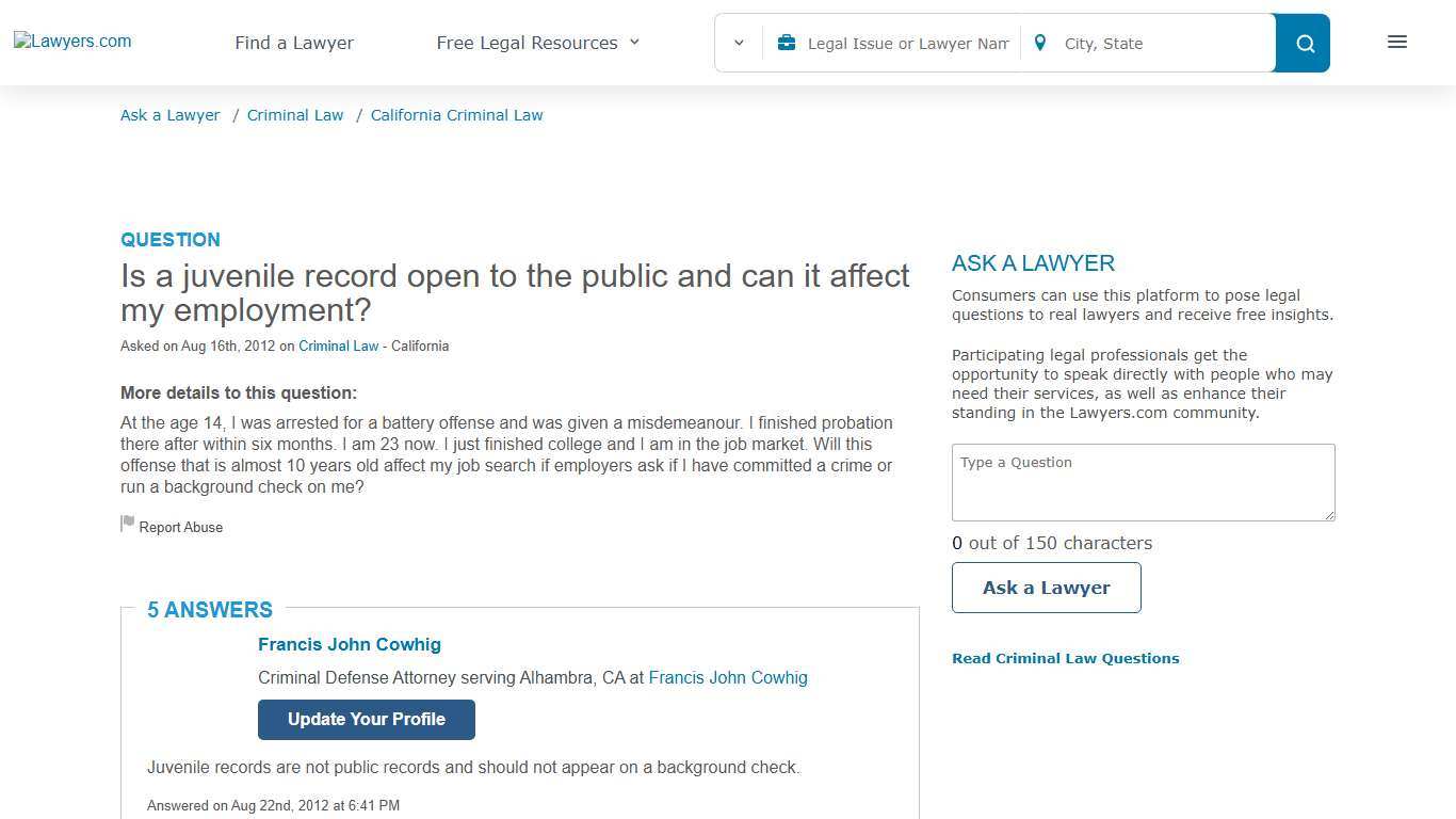 Is a juvenile record open to the public and can it affect my employment?