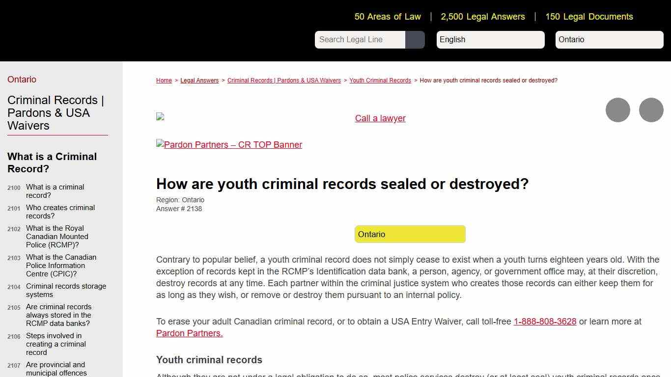 How are youth criminal records sealed or destroyed? - FREE Legal Information Legal Line